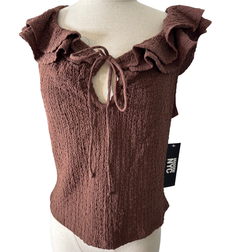 Madden‎ NYC Root Beer Ruffle Off Shoulder Keyhole Tie Top Large western festival